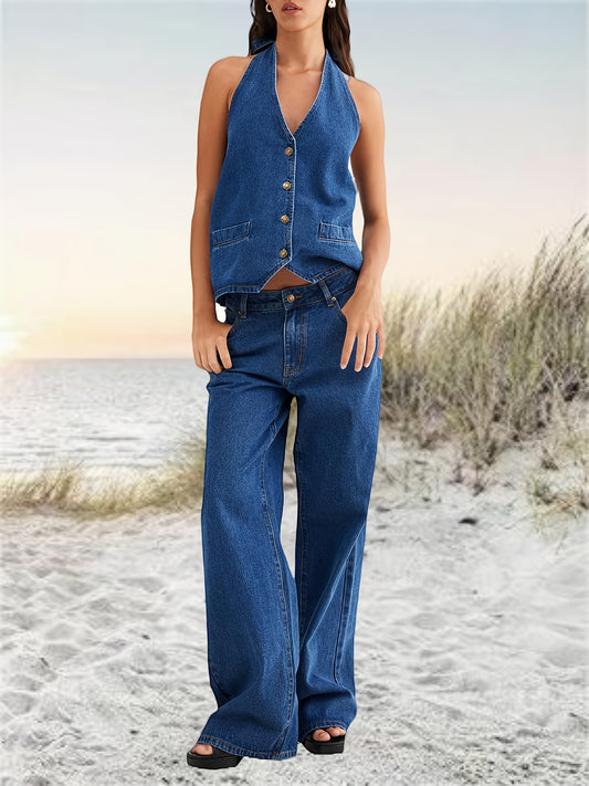 [Denim Set] 2pcs Women's Denim Set - Two Piece Outfit Suits - Button Backless Tank Top And Wide Leg Jeans