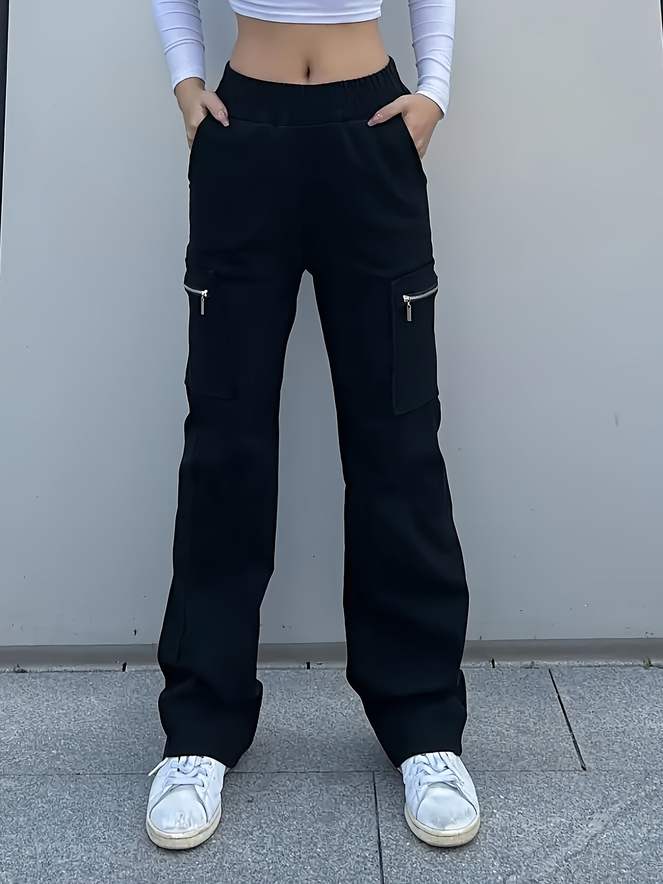 Girls' Y2K Streetwear Cargo Pants with Zipper Pockets & Elastic Waist - Loose Fit All-Season Black Trousers for Outdoor Play & Casual Attire, Playtime Apparel, Durable Kids' Clothing