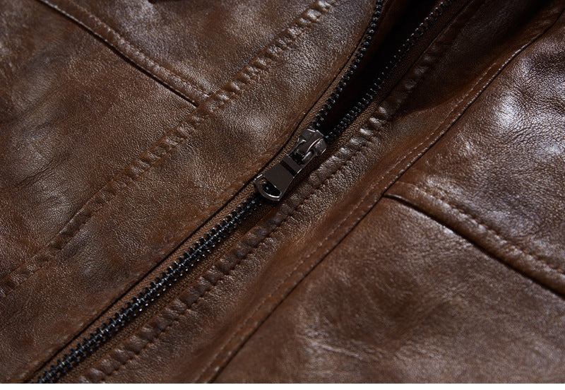 Men's Full-Bodied Retro Leather Jacket & Hooded Coat Two-Piece Set - Full-Zip Front Closure, Collar, Chest Pocket - Heavy-Duty Winter Outerwear (Black) - European/American Style Leather Suit for Cold Weather