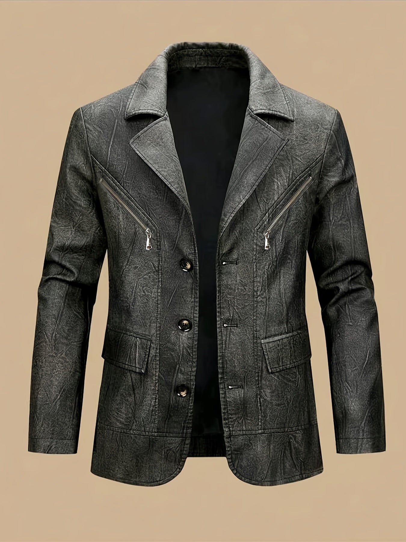 Men's Vintage Full-Breed Peel Soft Blazer Jacket with Collar & Full-Pocket Motorcycle Suit Coat for Business/Casual Wear, Windproof Outer Jacket (), Autumn/Winter