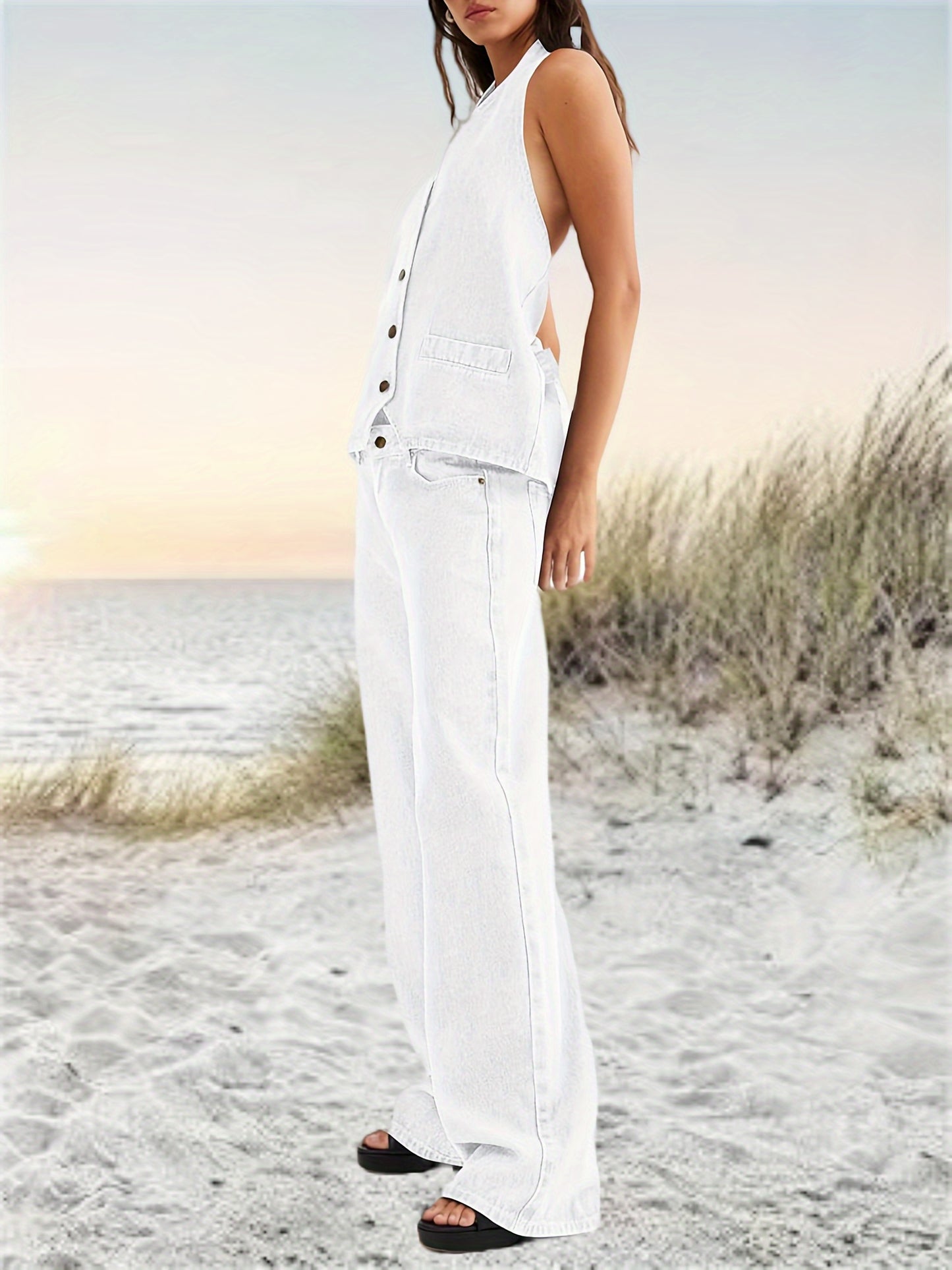 [Denim Set] 2pcs Women's Denim Set - Two Piece Outfit Suits - Button Backless Tank Top And Wide Leg Jeans