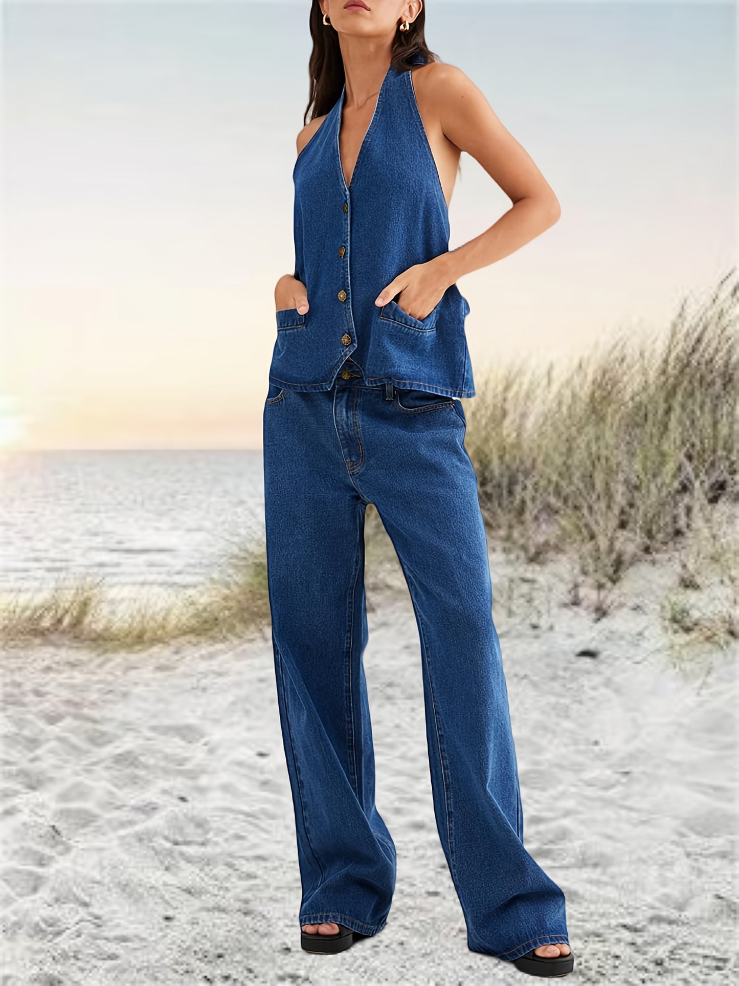 [Denim Set] 2pcs Women's Denim Set - Two Piece Outfit Suits - Button Backless Tank Top And Wide Leg Jeans