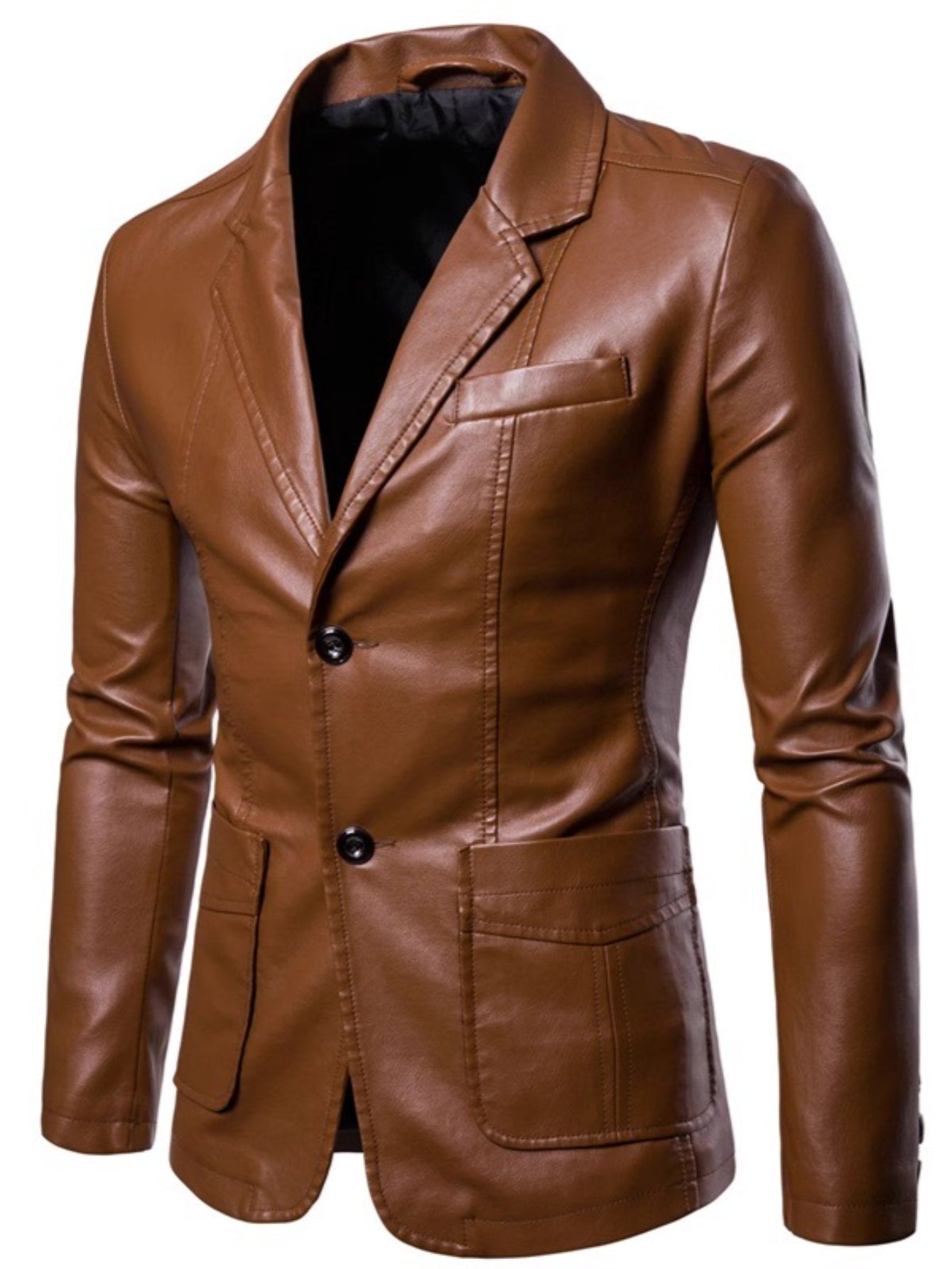 Men'S Spring & Autumn Elegant Gentleman Light Business Faux Leather Lapel Suit-Style Faux Leather Jacket | Trendy and Sophisticated Outerwear for Important Outdoor Occasions, Button Closure, Lining, Solid Color