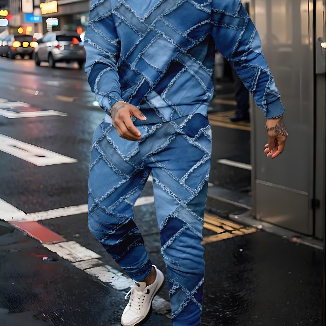 Men's Patchwork Denim Suit Blue Geometric Check Print Fashionable Street Casual Wear