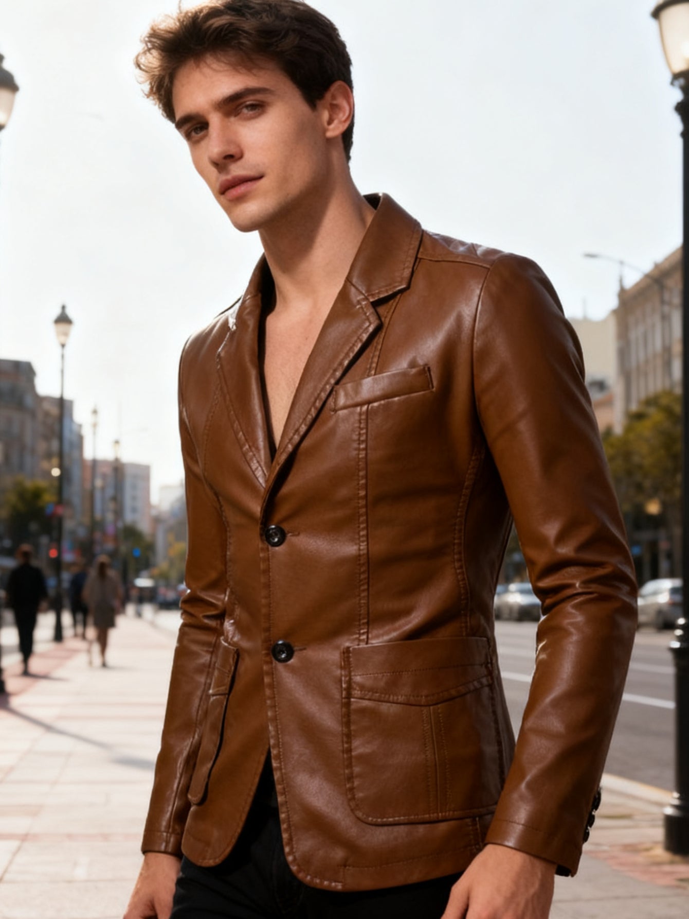 Men'S Spring & Autumn Elegant Gentleman Light Business Faux Leather Lapel Suit-Style Faux Leather Jacket | Trendy and Sophisticated Outerwear for Important Outdoor Occasions, Button Closure, Lining, Solid Color