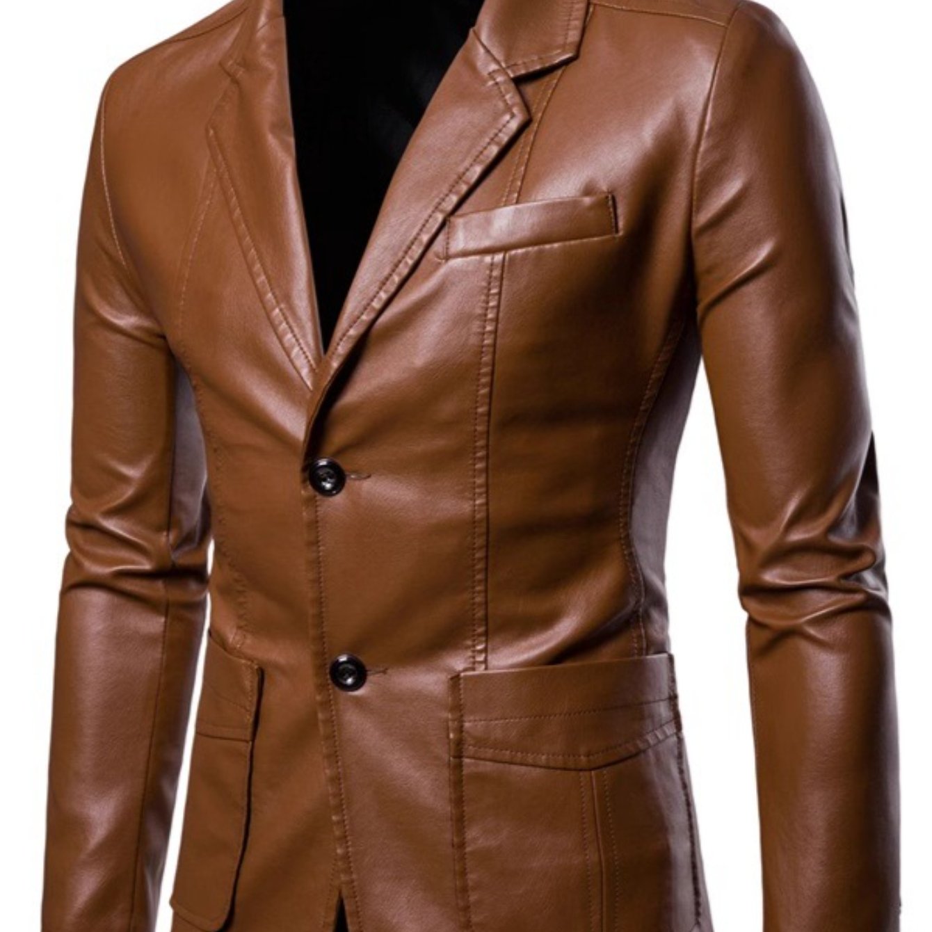 Men'S Spring & Autumn Elegant Gentleman Light Business Faux Leather Lapel Suit-Style Faux Leather Jacket | Trendy and Sophisticated Outerwear for Important Outdoor Occasions, Button Closure, Lining, Solid Color