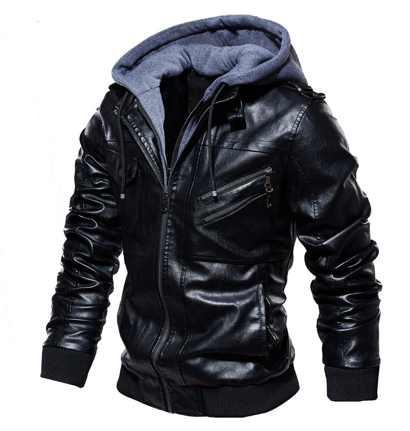 Men's Full-Bodied Retro Leather Jacket & Hooded Coat Two-Piece Set - Full-Zip Front Closure, Collar, Chest Pocket - Heavy-Duty Winter Outerwear (Black) - European/American Style Leather Suit for Cold Weather