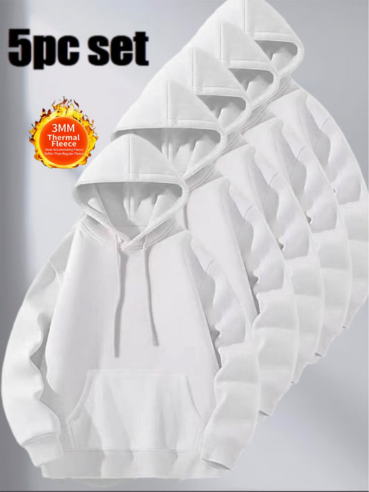 5pcs Set Solid Color Sweatshirt | Lightweight Comfortable Ins Style, Fleece-Lined Warm Windproof, Simple Cut Sporty Details, Casual Fit for Men