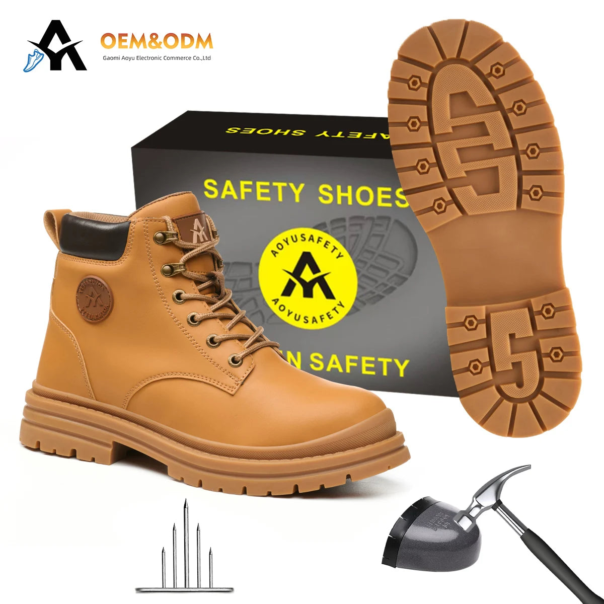 Microfiber Leather Work Boots with Steel Toe Waterproof Rubber Soles No Lace-Brown Cap Safety Shoes for Summer Use in Industries