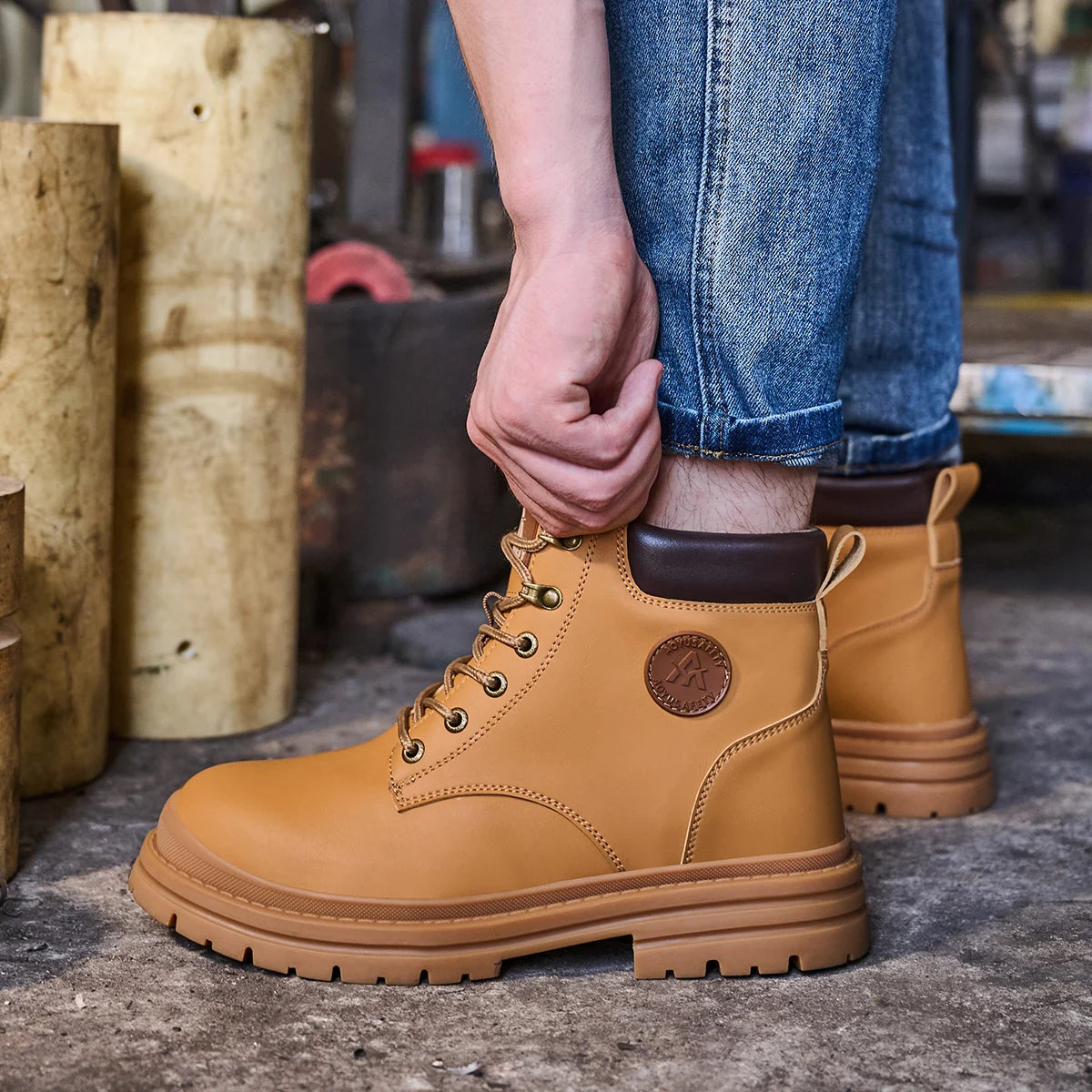 Microfiber Leather Work Boots with Steel Toe Waterproof Rubber Soles No Lace-Brown Cap Safety Shoes for Summer Use in Industries