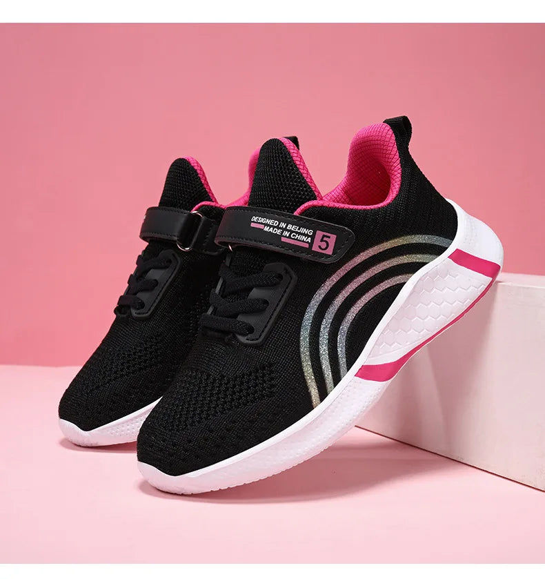 Kids Shoes Girls 6-12 Y Old Casual Sneaker Autumn Mesh Breathable Pink Running Shoes Student White Shoe with Lighted Students