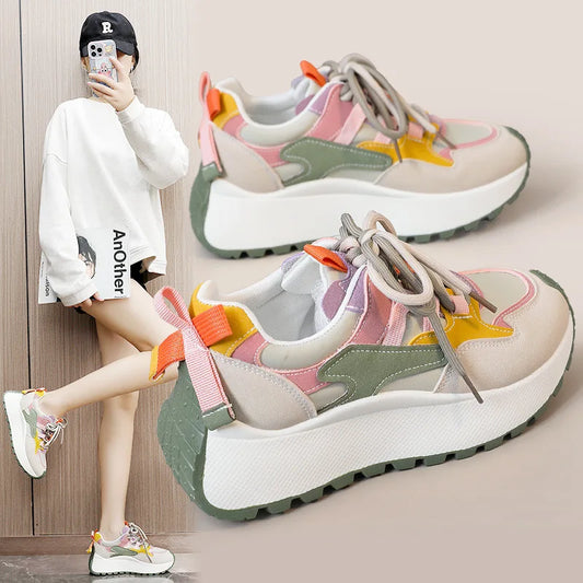 New Women's Shoes 2025 Height-increasing Casual Breathable Thick-soled Color-matched Travel Casual Shoes