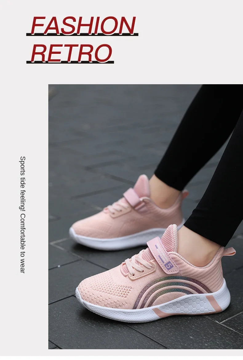 Kids Shoes Girls 6-12 Y Old Casual Sneaker Autumn Mesh Breathable Pink Running Shoes Student White Shoe with Lighted Students