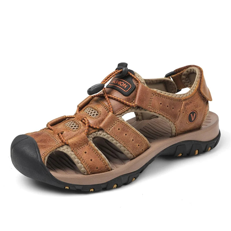 Genuine Leather Upper Extra Size Men's Outdoor Trail Hiking Walking Sandals Summer Sports Beach Shoes for Men