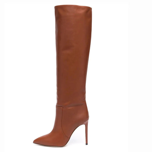 2021 Winter Boots Pointed Toe Stiletto High Heel Brown Knee Boots for Women