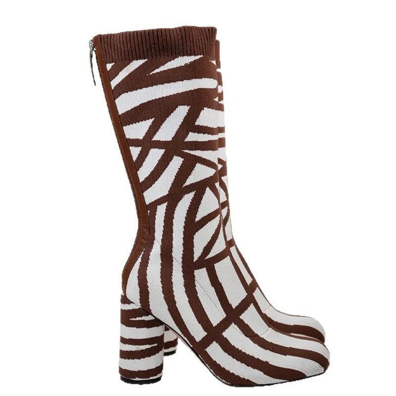 Women Zebra Pattern Knitting Half Knee High Boots High Chunky Round Heels Square Toe Mid Calf Short Boots Back Zipper Shoes