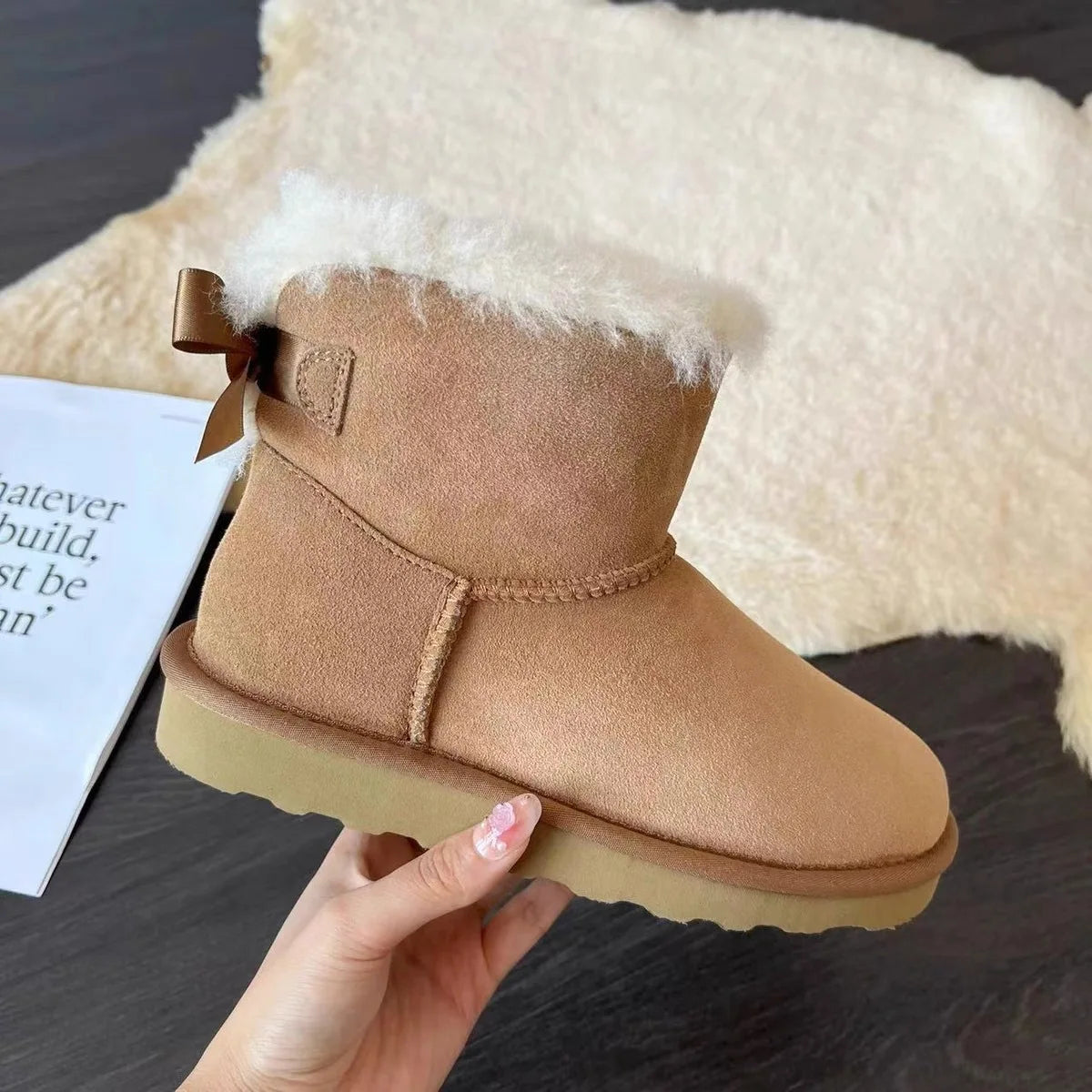 Winter Wool 2026 Snow Boots Women's Fur Upper EVA Midsole Cotton Lining Breathable Warm Round Toe Low-barrel Shoes Bow Thickened