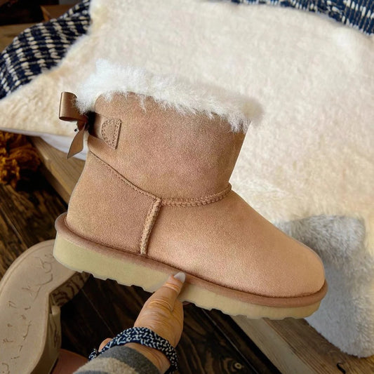 Winter Wool 2026 Snow Boots Women's Fur Upper EVA Midsole Cotton Lining Breathable Warm Round Toe Low-barrel Shoes Bow Thickened