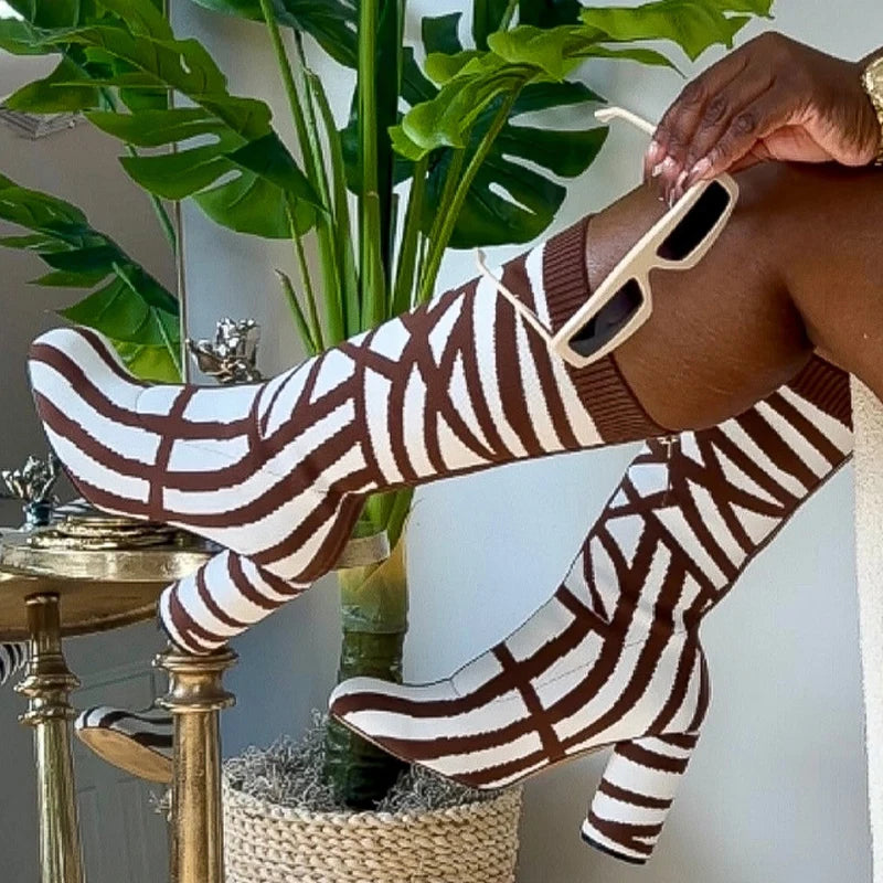 Women Zebra Pattern Knitting Half Knee High Boots High Chunky Round Heels Square Toe Mid Calf Short Boots Back Zipper Shoes