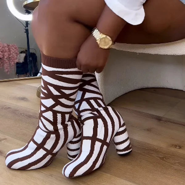 Women Zebra Pattern Knitting Half Knee High Boots High Chunky Round Heels Square Toe Mid Calf Short Boots Back Zipper Shoes
