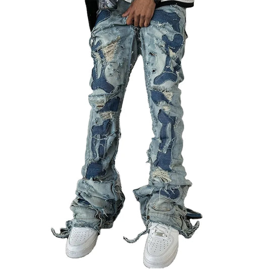 Custom Deconstructed Patch Jeans Slim Straight Leg Raw Edge Cutouts Stacked Frayed Hem Urban Denim Washed Men's Jeans