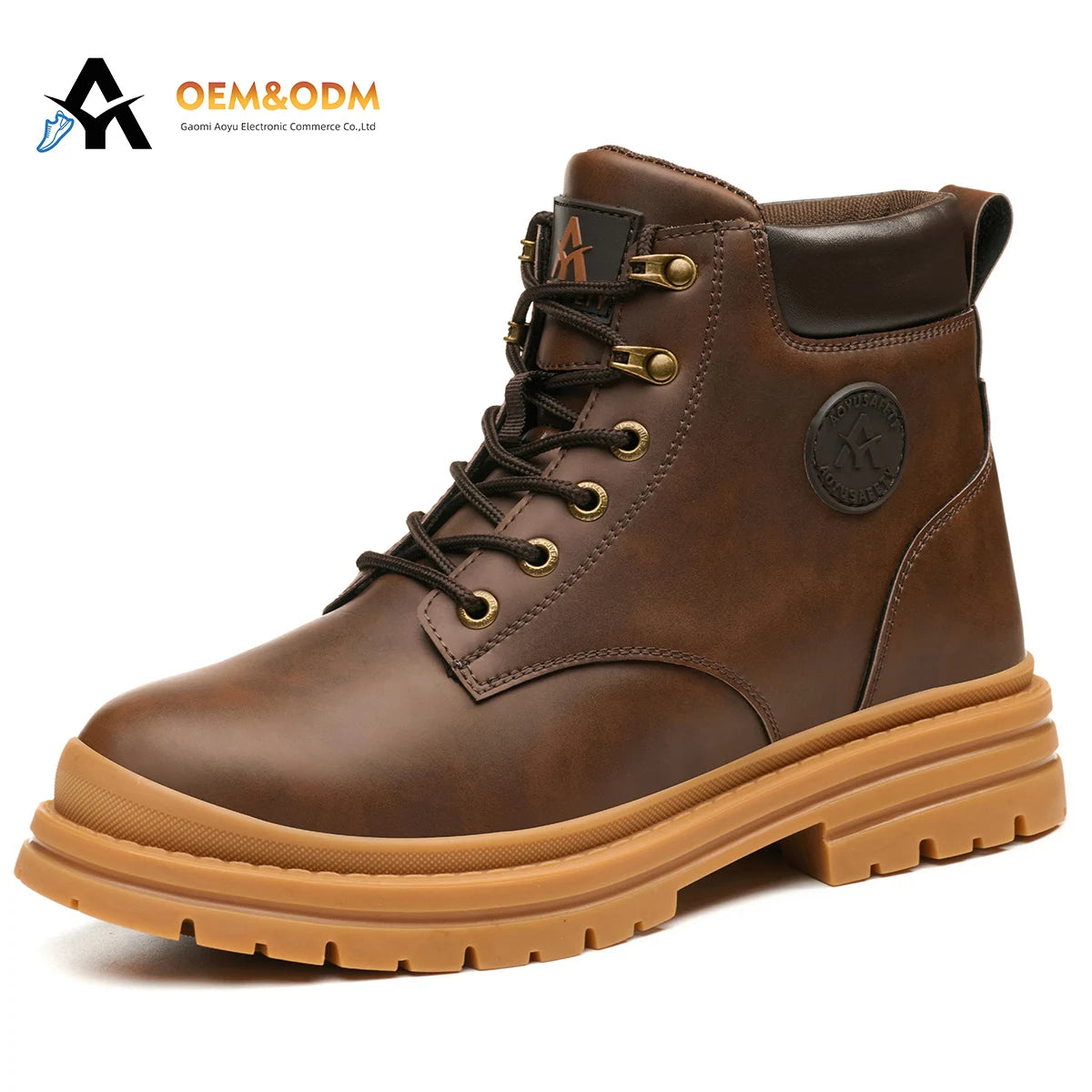 Microfiber Leather Work Boots with Steel Toe Waterproof Rubber Soles No Lace-Brown Cap Safety Shoes for Summer Use in Industries