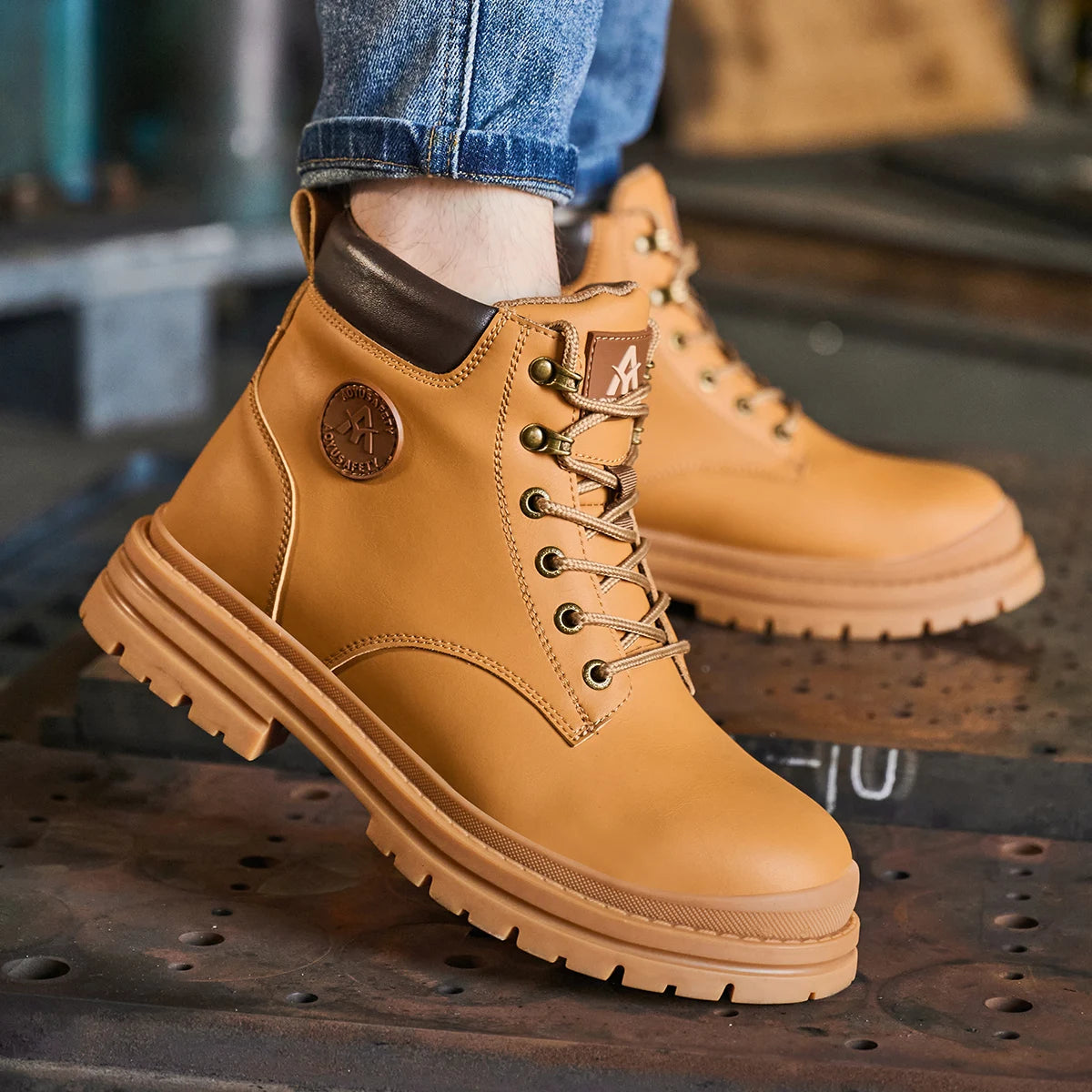 Microfiber Leather Work Boots with Steel Toe Waterproof Rubber Soles No Lace-Brown Cap Safety Shoes for Summer Use in Industries