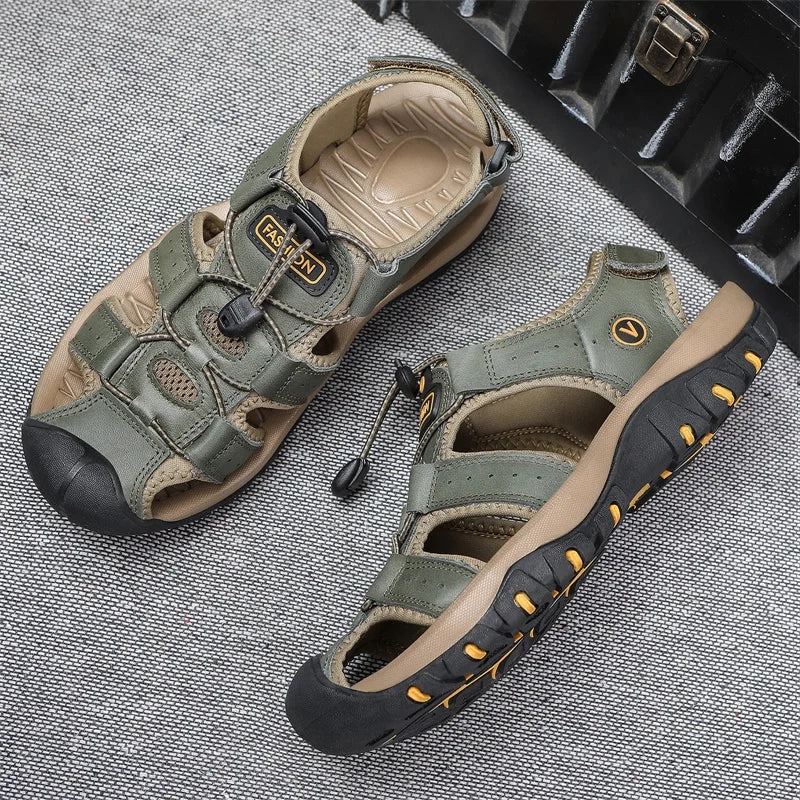 Genuine Leather Upper Extra Size Men's Outdoor Trail Hiking Walking Sandals Summer Sports Beach Shoes for Men