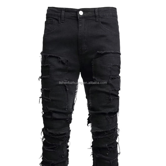 Men's 100% Cotton Stonewashed Denim Flare Pants Straight Style Hip Hop Utility Skulls Pattern Breathable Loose Fit for Adults