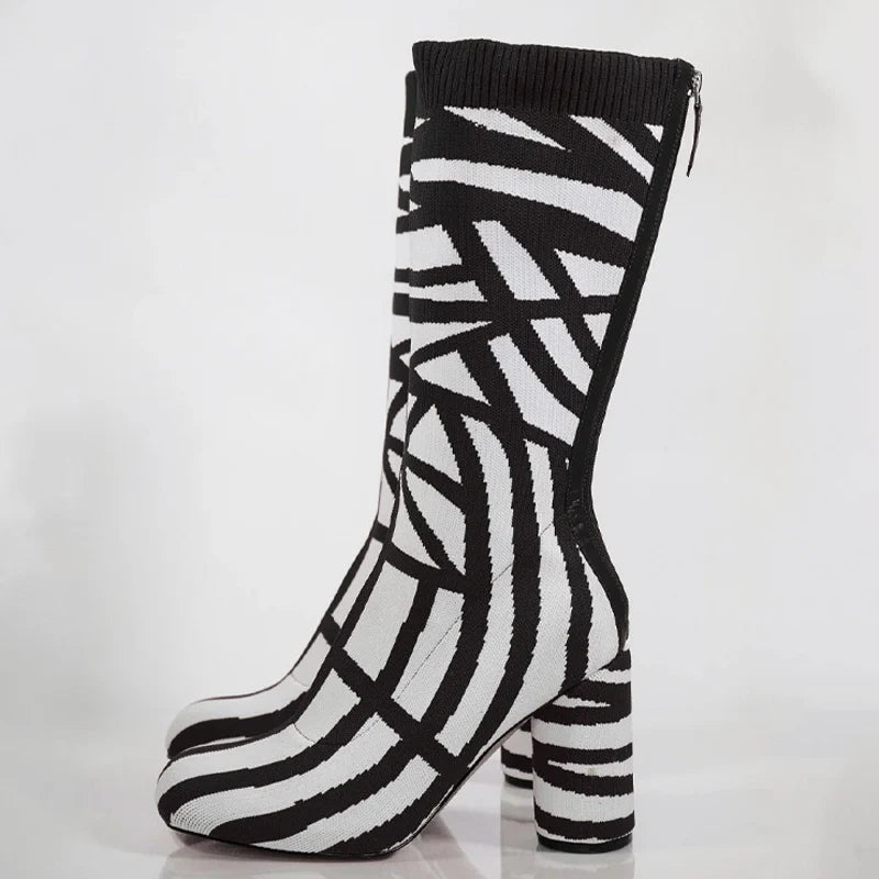 Women Zebra Pattern Knitting Half Knee High Boots High Chunky Round Heels Square Toe Mid Calf Short Boots Back Zipper Shoes