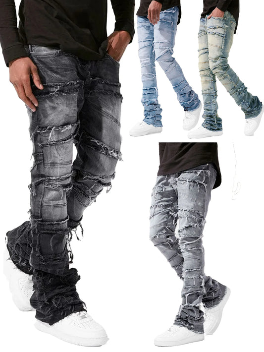 New Men's Winter Washed Mid-rise Casual Jeans Denim Straight Pants Distressed Solid Street Fashion Explosion Stretch Trousers