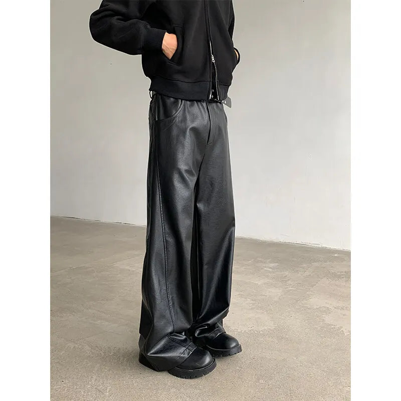 PU Leather Pants men Straight 2025new Spring Men's Punk Fashion Hip Hip Men Wide-leg Mopping Trousers Windproof Dark Brown/Black