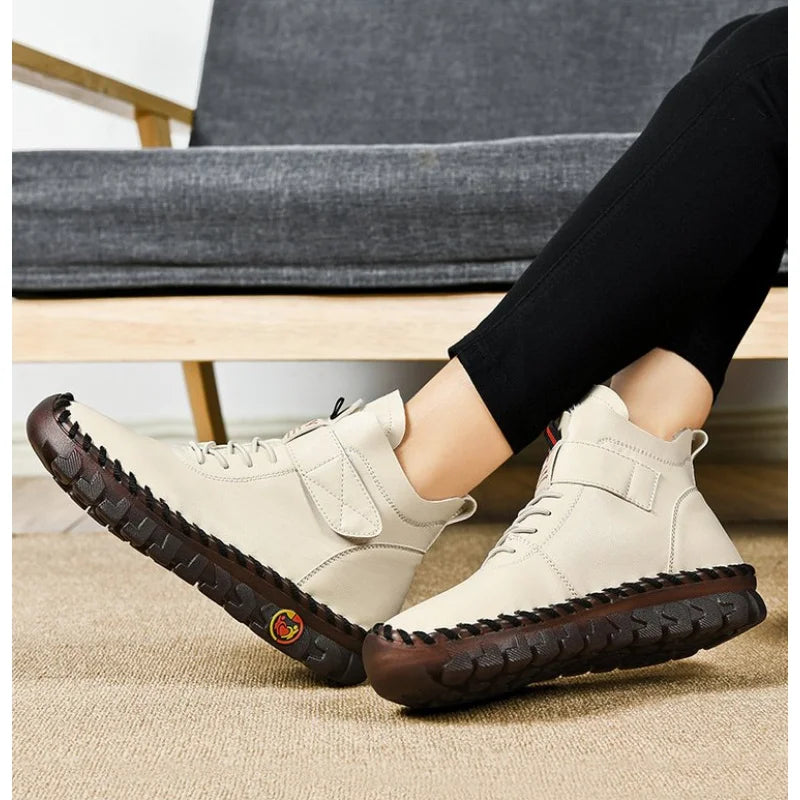 Winter Fleece-Lined Warm Cotton Boots - Women's British Style Fashionable & Versatile Velcro High-Top Flat Shoes
