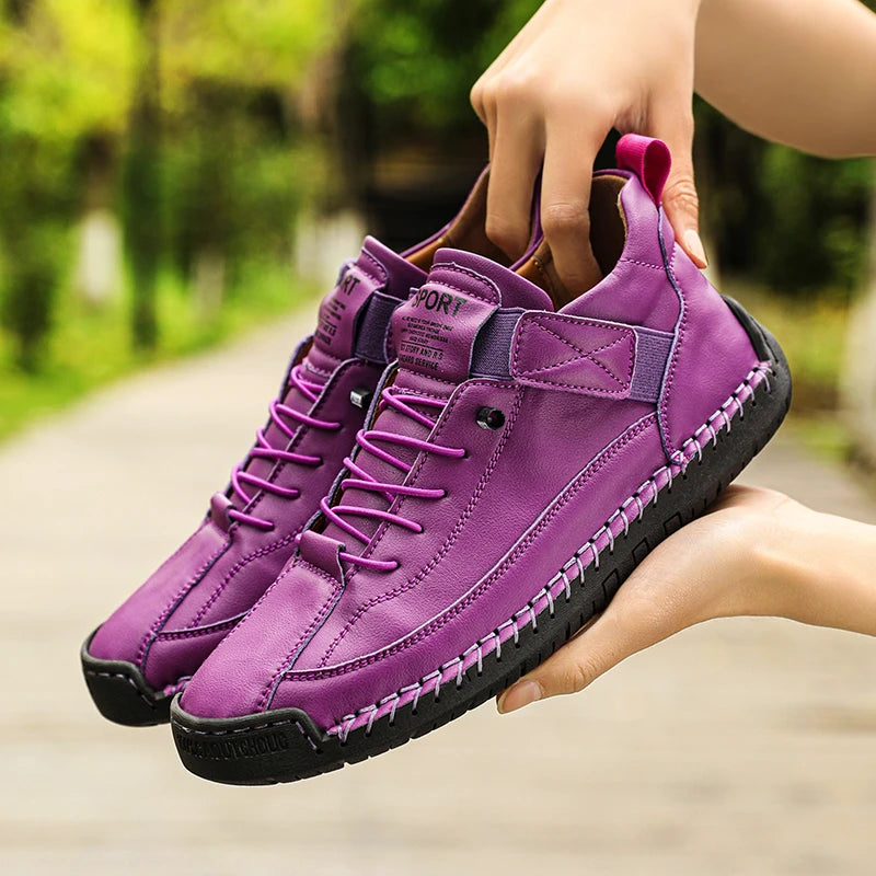 New Fashion Sneakers Handmade Leather Women's Shoes Mid-Top Women Casual Flats Shoes Slip on Loafers Zapatillas De Mujer