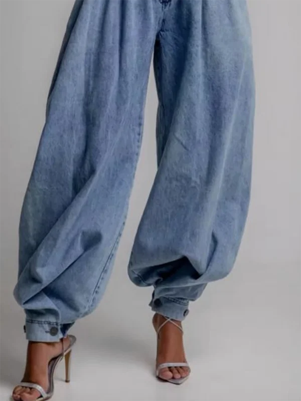 Krisstargirl Casual Denim Pants for Women 2025 Summer Buttoned Zipper Pockets Pleated Baggy Knickerbockers Long Pants for Woman