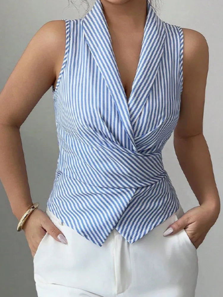 Fashion Striped Shirt Top For Women Elegant V Neck Sleeveless Vest Shirts Tops Lady Holiday Office Women's Clothing Summer New
