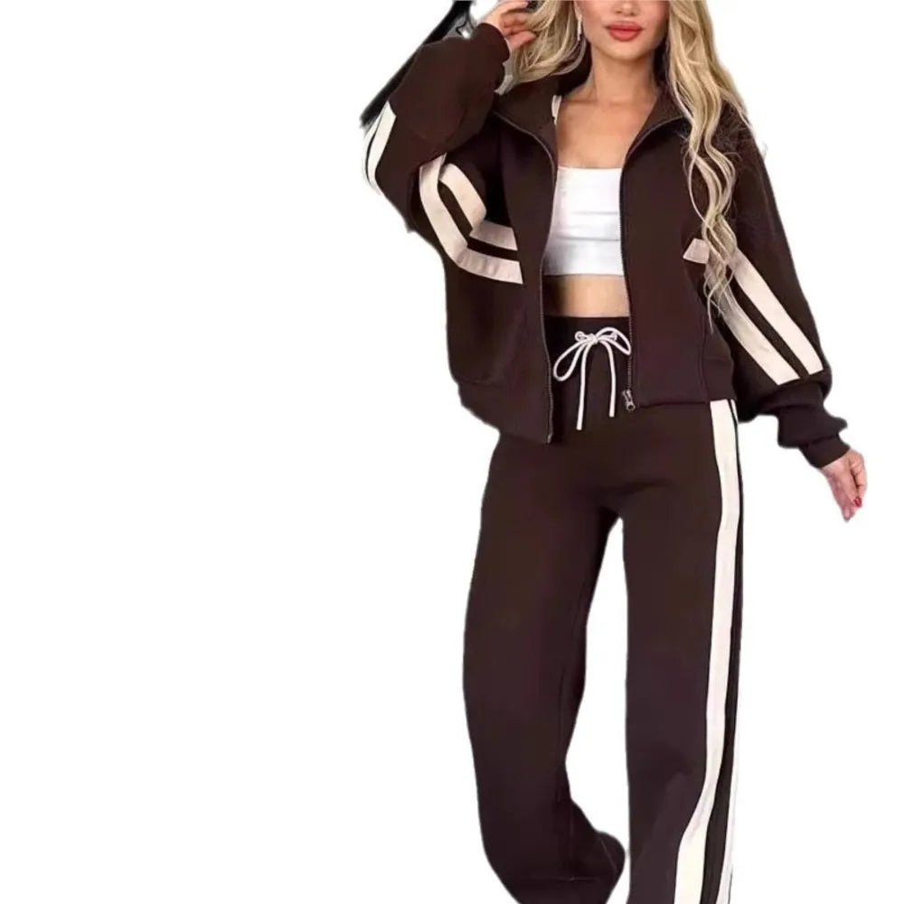 Striped Casual Women's Suit Y2K Striped Zipper Top Coat Sports Pants Female 2piece Set