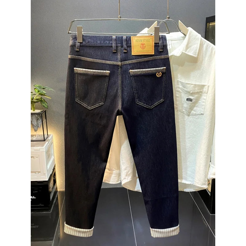 2025 autumn new light luxury retro original color jeans for men, slim fit, small feet, four sided elastic casual long pants