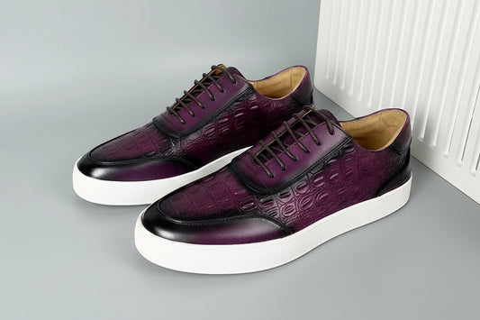 Newest 2025 Spring Men Genuine Leather Casual Sneakers Lace Up Handmade Crocodile Design Men Daily Leather Footwear Purple