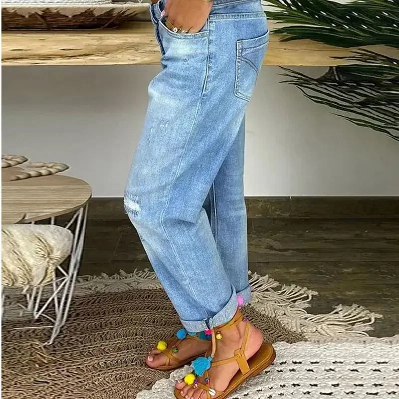 Fashion Women Broken Holes Straight Jeans Single-breasted Splicing Denim Pants Female Washable Trousers Daily Casual Streetwear