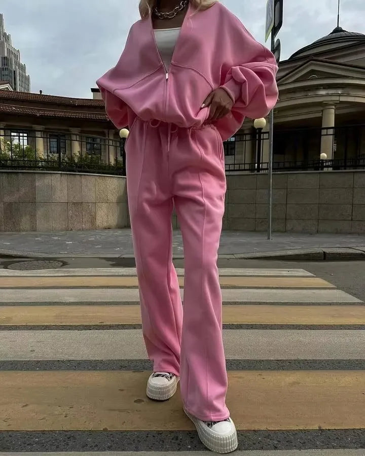 Winter Sweat Suit Set Pink Women Zipper Hoodies 2 Two Pieces Outfit Pants Casual Loose Winter Warm Tracksuits Sport Hooded Women