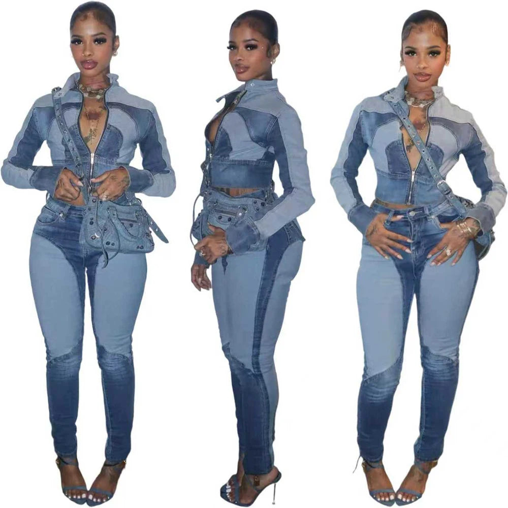 Fashion Two Tone Washed Denim Moto Jacket and Pants 2 Pieces Set for 2025 Fall Woman Casual Jeans 2piece Sets Outfits Streetwear
