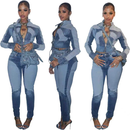 Fashion Two Tone Washed Denim Moto Jacket and Pants 2 Pieces Set for 2025 Fall Woman Casual Jeans 2piece Sets Outfits Streetwear