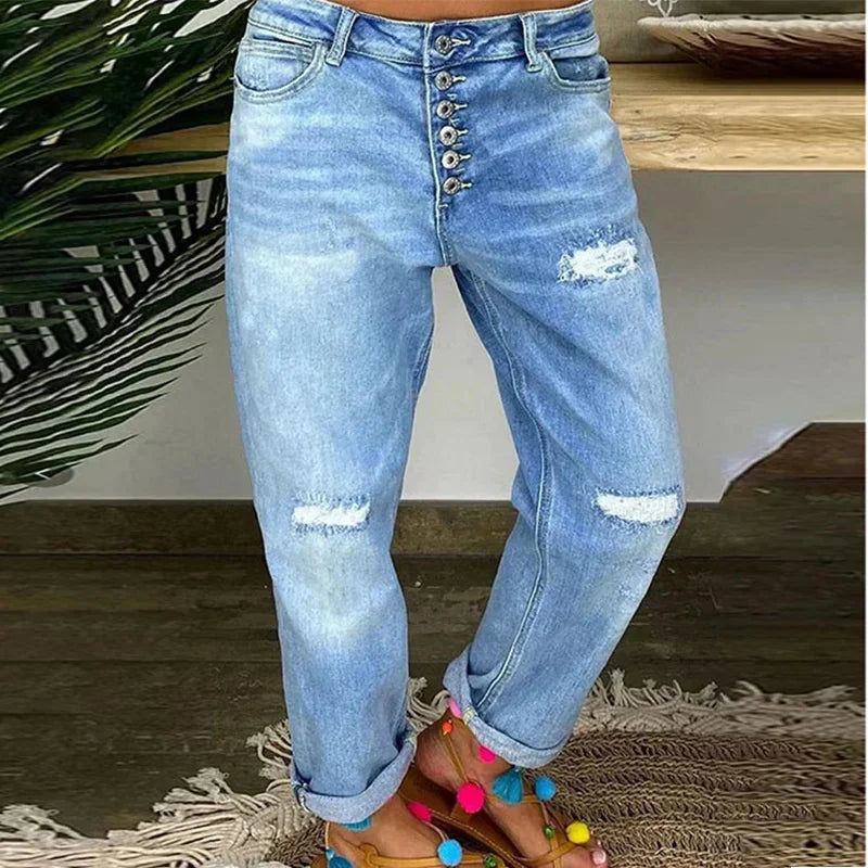 Fashion Women Broken Holes Straight Jeans Single-breasted Splicing Denim Pants Female Washable Trousers Daily Casual Streetwear