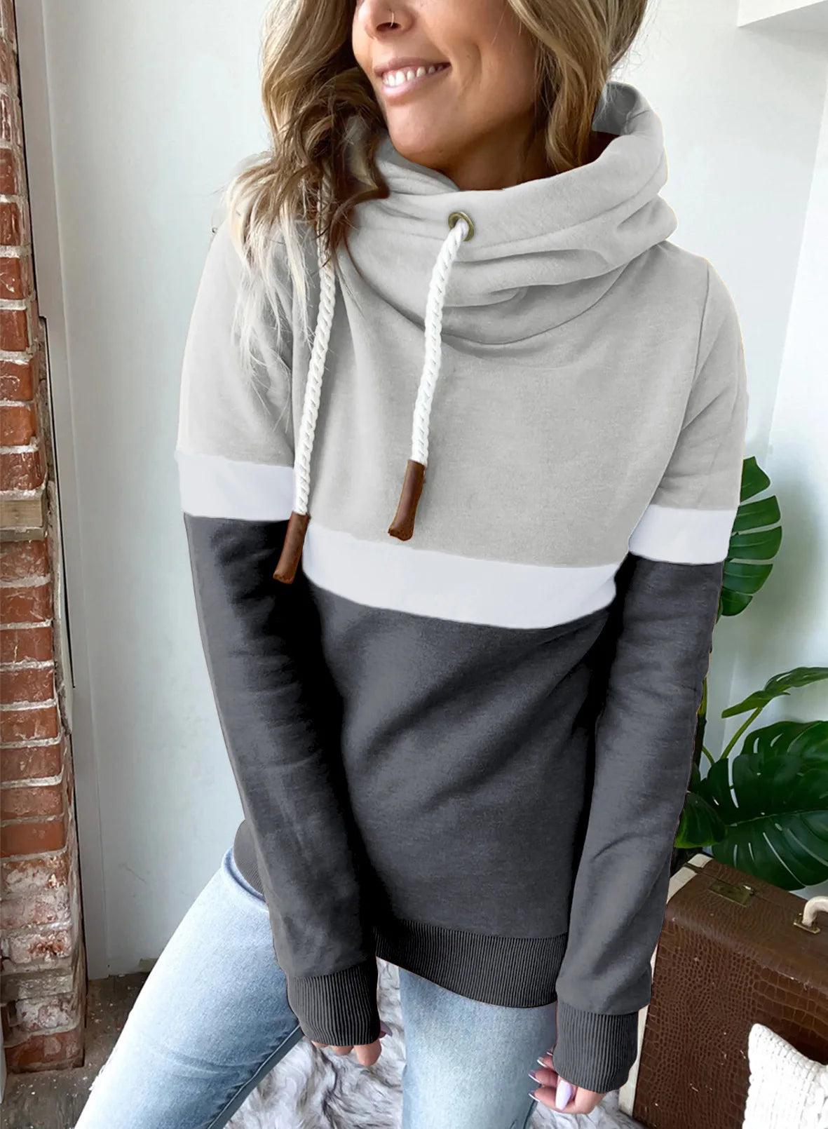 Women's sweatshirt 2024 new autumn and winter solid color stitching casual high collar hooded cross-border sweatshirt for women