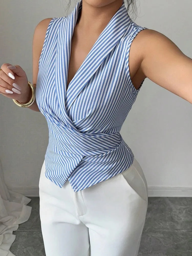 Fashion Striped Shirt Top For Women Elegant V Neck Sleeveless Vest Shirts Tops Lady Holiday Office Women's Clothing Summer New