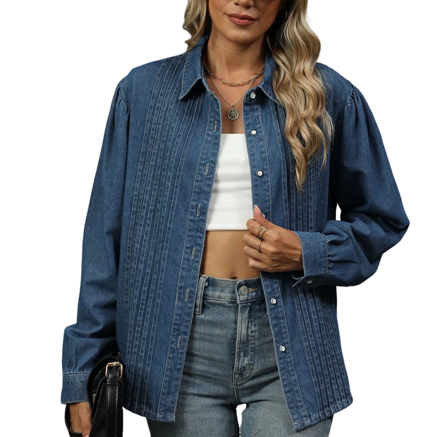 Denim Shirts for Women Washed Blouse Outerwear Turn Down Collar Single Breasted Jackets Streetwear Female Overshirt Tops