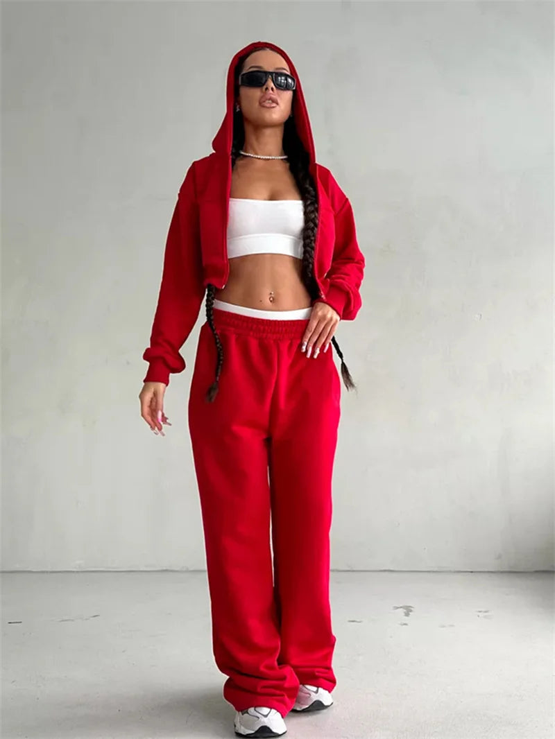 Sweatshirt Two-piece Suit Women's Casual Sports Sets Sexy High-waist Hoodies Short Zip-up Jacket Straight Trousers 2-piece Sets