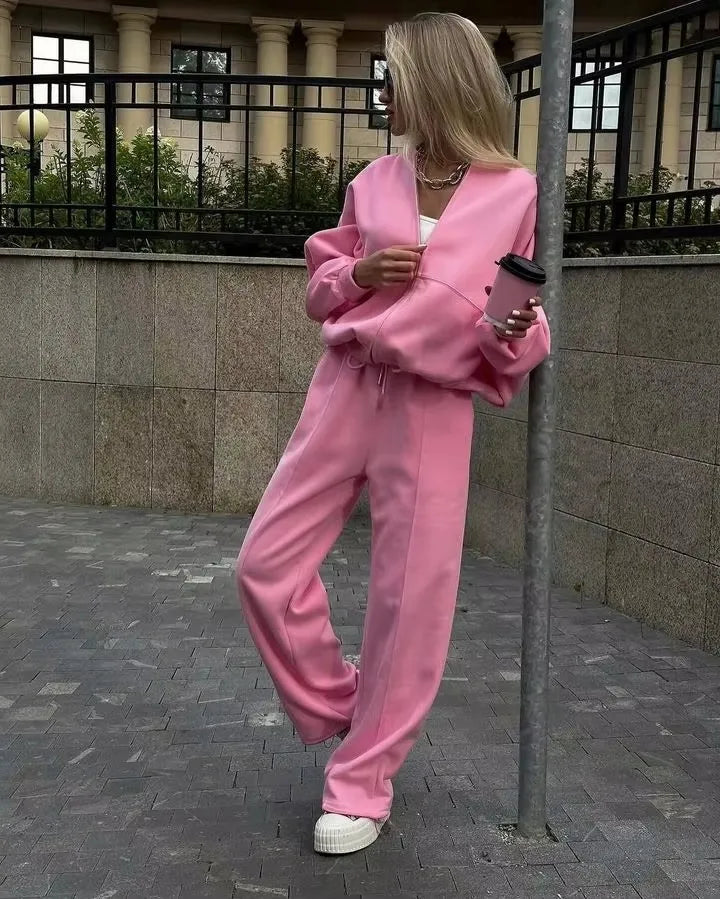 Winter Sweat Suit Set Pink Women Zipper Hoodies 2 Two Pieces Outfit Pants Casual Loose Winter Warm Tracksuits Sport Hooded Women