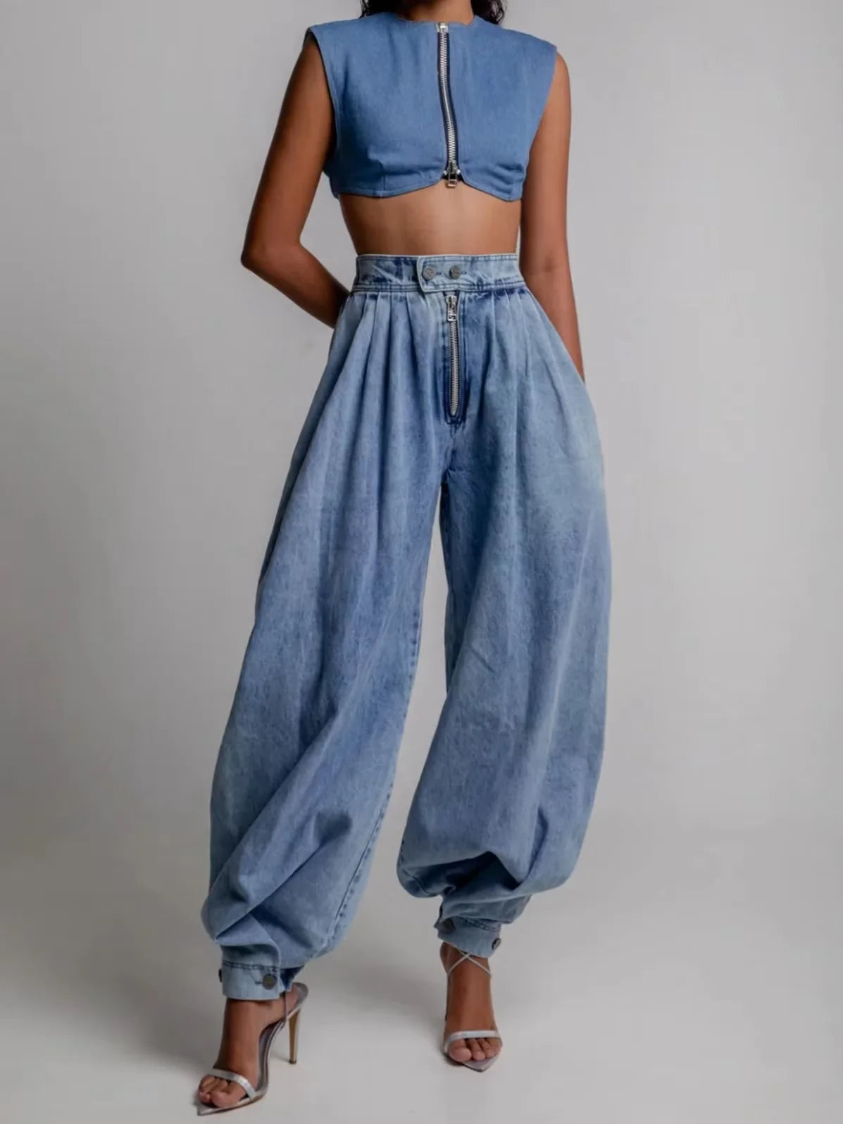 Women Denim Pant Casual High Waisted Zipper Denim Bloomers Pants Loose Vintage Streetwear Casual Harem Trousers Jeans Trousers